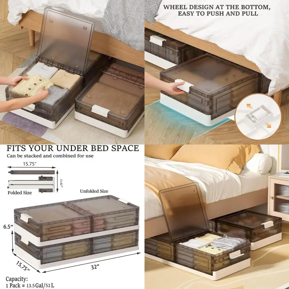 Pojemniki plastikowe do przechowywania pod łóżkiem, z możliwością układania w stos, o pojemności 43,5 litra, z kółkami, na ubrania, buty i pościel.