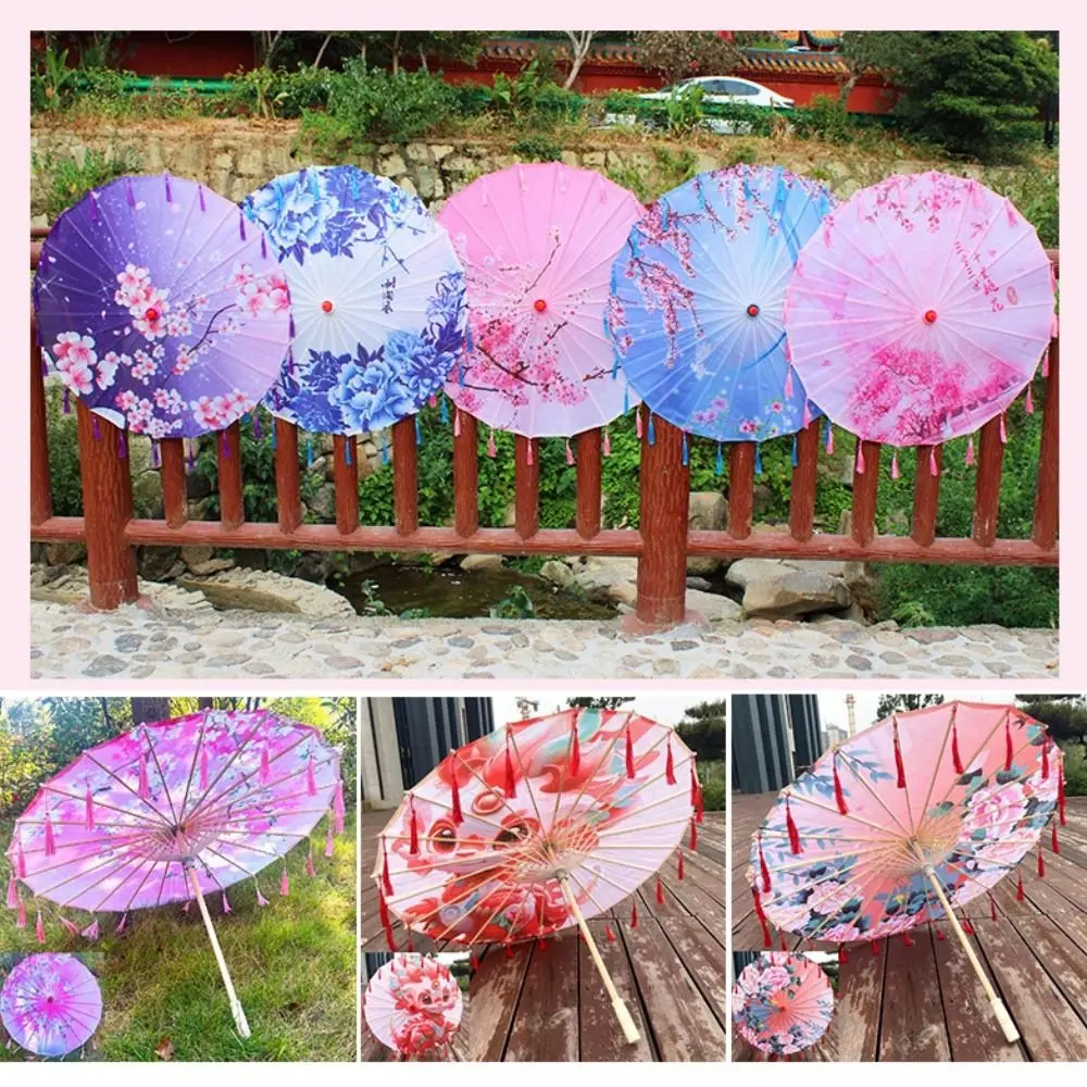 56 cm Paraplu Fan Chinese Antieke Stijl Zijden Doek Prop Dans Paraplu 10 Kleuren Kwastje Cosplay Hanfu Olie Papier Paraplu