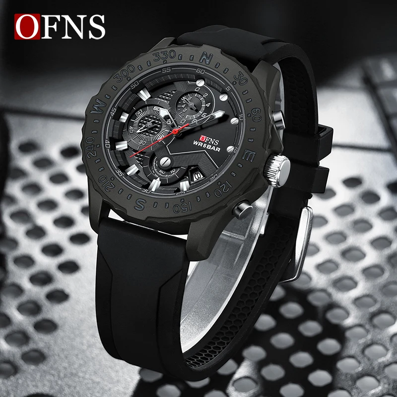 OFNS Top Brand Luxury Mens Quartz Watch Men Watches Business Silicone Sports Waterproof Military Quartz Chronograph Wristwatch