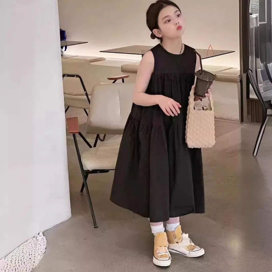 Girls Dresses Korean Children Clothing 2024 Summer New Fashion Cotton Solid Sleeveless O-neck A-line Cute Princess Kids Dress