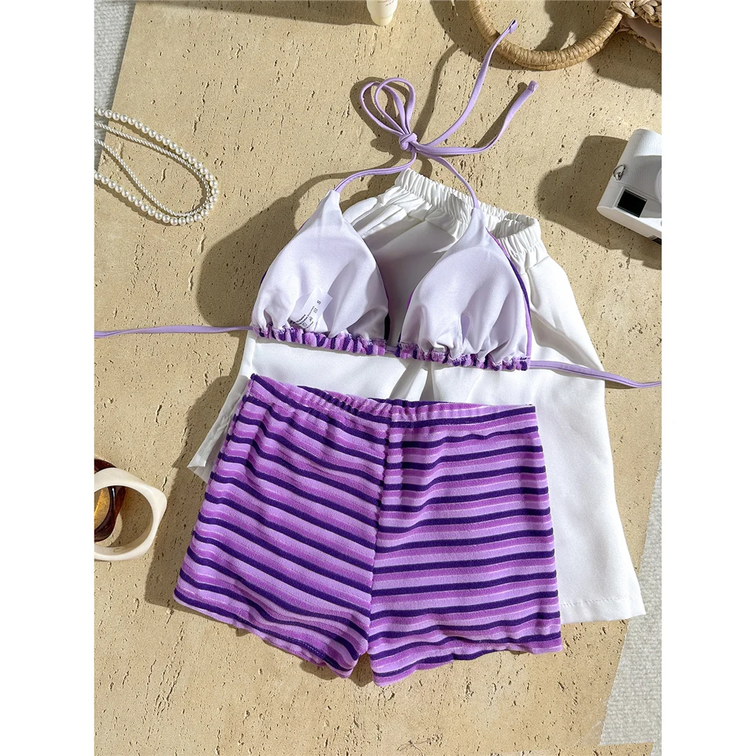 Neuer gestreifter Neckholder-Bikini mit hoher Taille, Damen-Badeanzug, zweiteiliges Bikini-Set mit Shorts, Badebekleidung, Badeanzug, Schwimmanzug V7825 – Detail 36