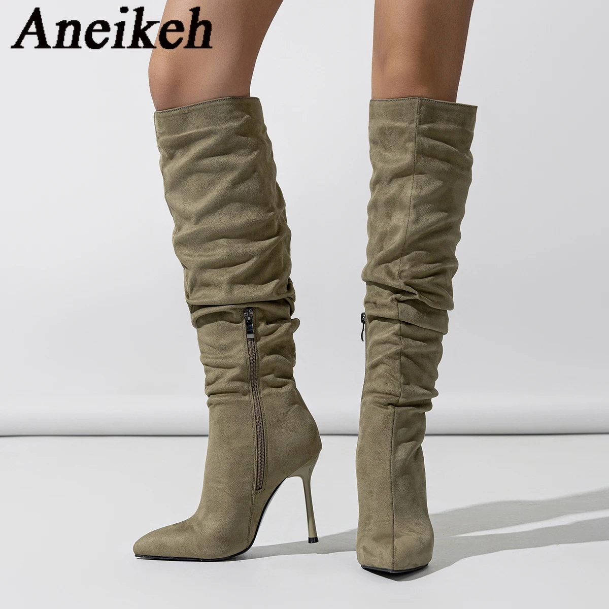 

Женские демисезонные сапоги до колена Aneikeh, модные плиссированные римские однотонные пикантные туфли-лодочки на тонком высоком каблуке с острым носком и боковой молнией
