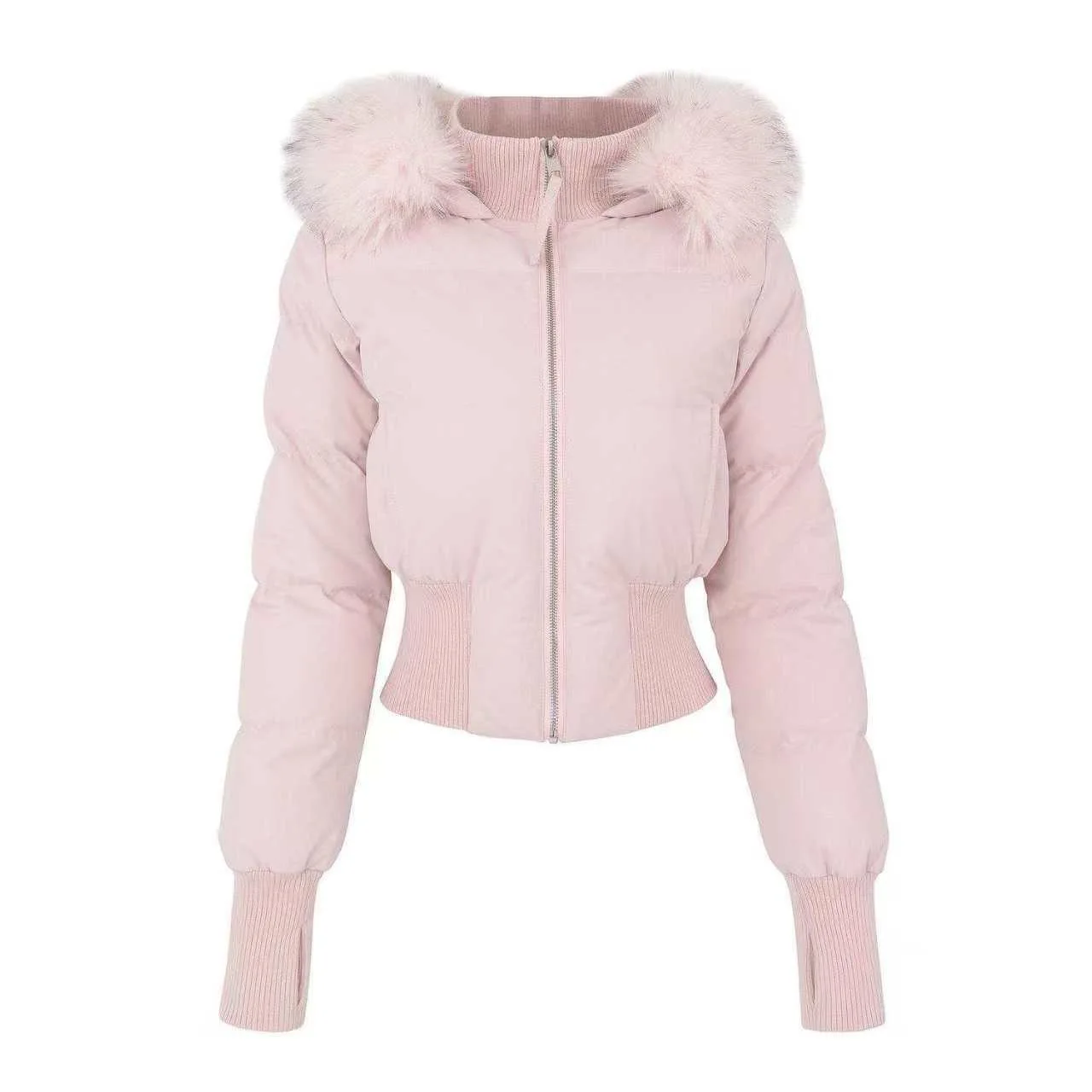 Gentle wind pink fur collar hooded cotton coat for women winter new Korean style thickened and warm short waisted cotton