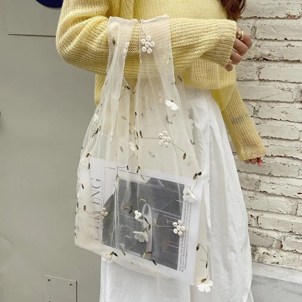 Elegant Sweet Daisy Flower Shoulder Bag Nylon Pastoral Style Bohemian Handbag Underarm Bag Lightweight Beach Bag Girls