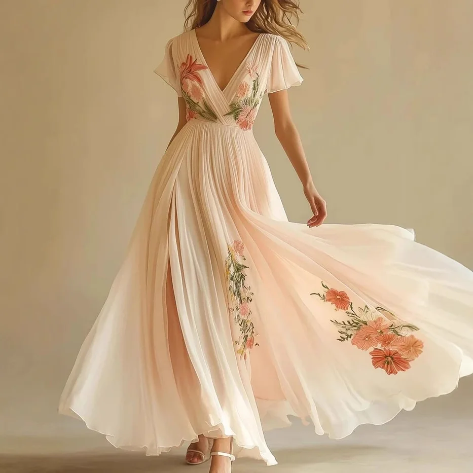 

Summer V Neck Floral Print Lady Chic Evening Gown Women Elegant Short Sleeve High Waist Party Dresses Women Beach Holiday Dress