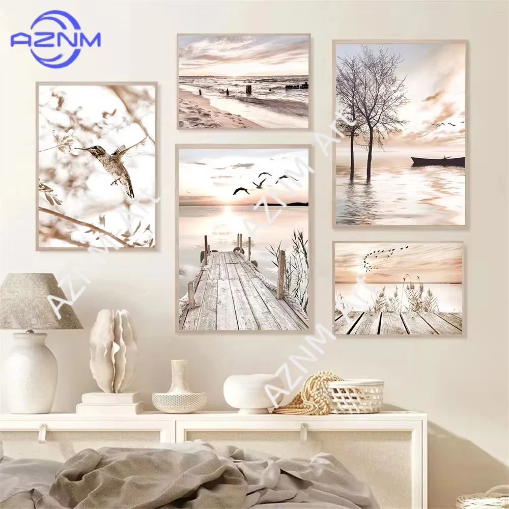 1 Stück Beige Landschafts-Sonnenuntergang-Brücken-Poster Küsten-Leinwanddruck Gemälde Schilfblumen-Vogel Wandkunst Nordische Wohnzimmerdekoration