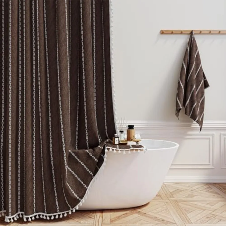 

Boho Shower Curtain Bohemian Linen Fabric Heavy Duty Striped Shower Curtains Set with Tassel Water Repellent Farmhouse Aestheti