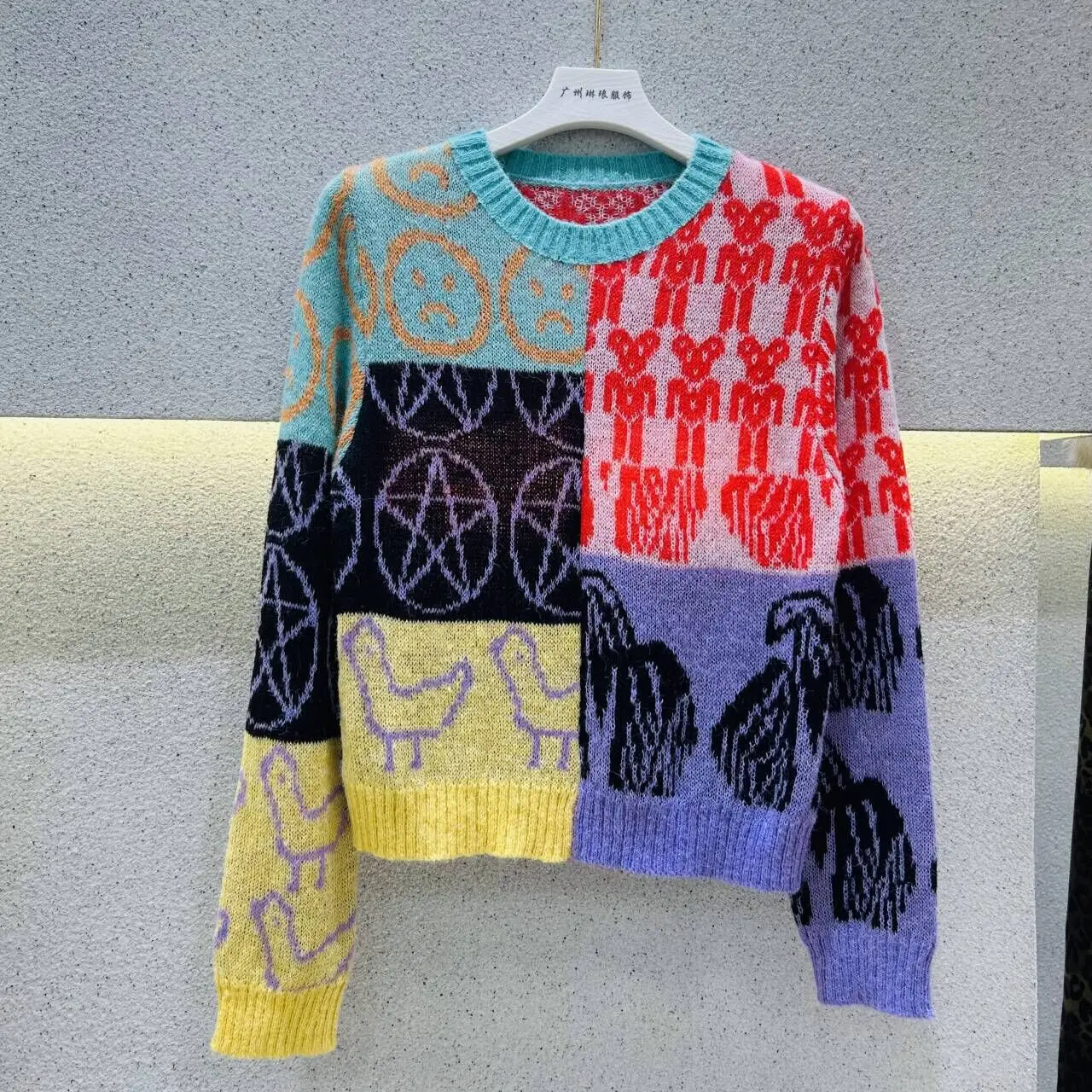 

Осень-зима 202, кашемировые свитера, женские винтажные лоскутные свитера с принтом, свободные повседневные пуловеры с круглым вырезом и длинными рукавами, вязаные топы C43