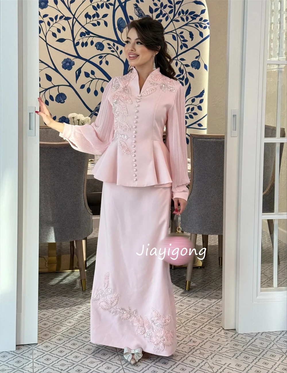 Customized Simple Jersey Pleat Sequined Straight V-neck Long Evening Dresses Luxury 2025 Matching High Quality