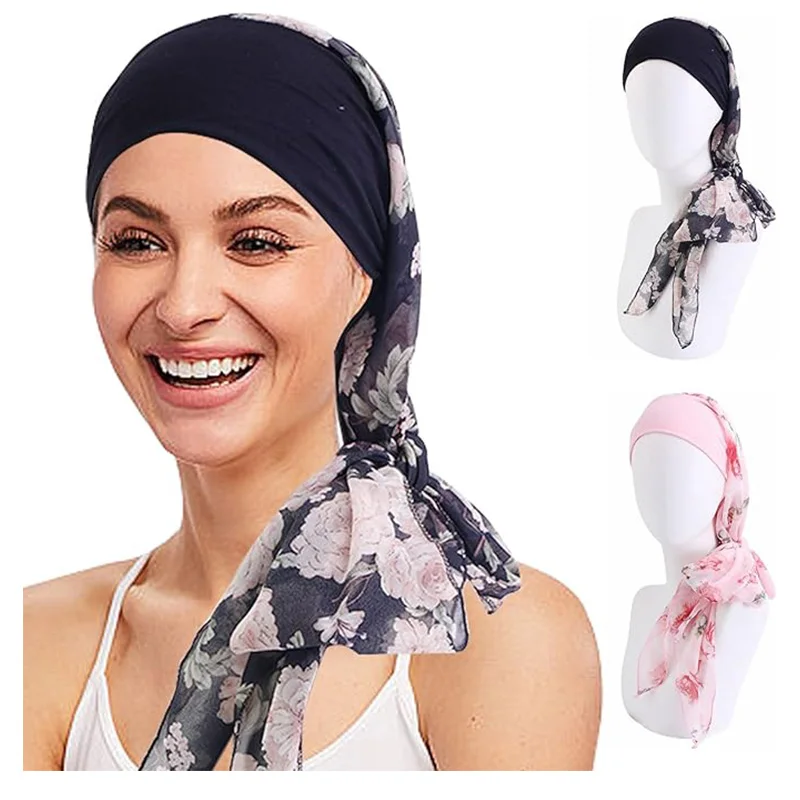 Muslim Women Head Scarf Ladies Pre-tied Turban Headwear Bandana Chemo Cancer Hair Loss Head Wrap Flower Print Chiffon Bonnet