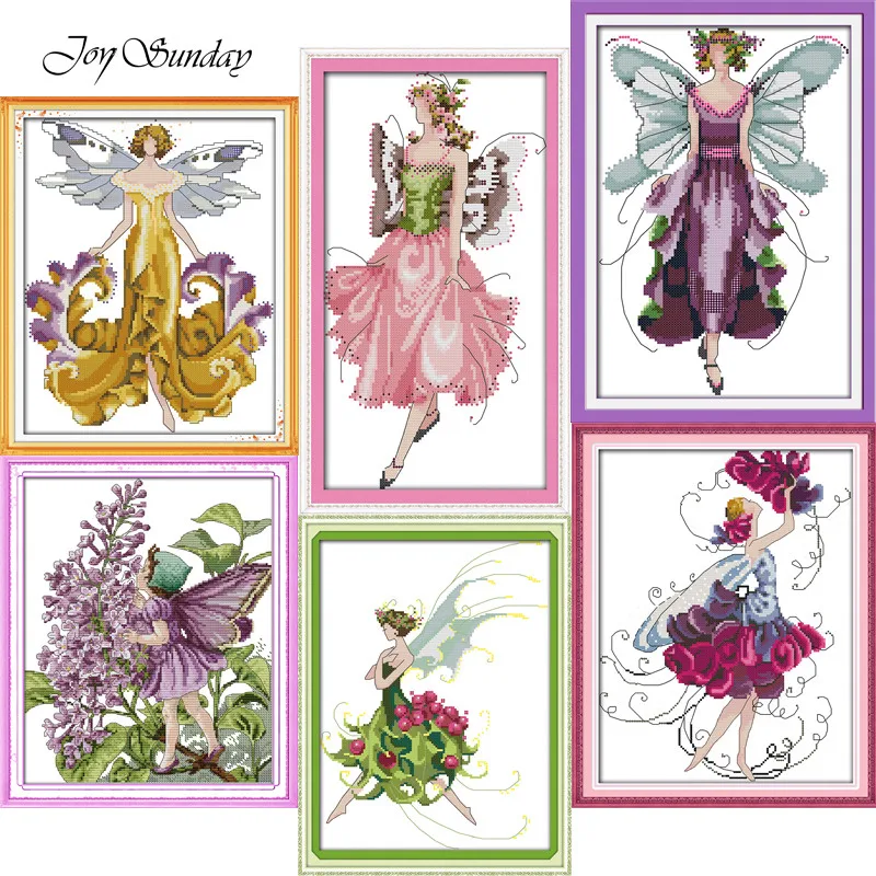 Joy Sunday Fairies Pattern Cross Stitch Kits DIY DMC Thread Aida Cloth 16CT 14CT Printed Canvas Hand Embroidery Needlework Sets