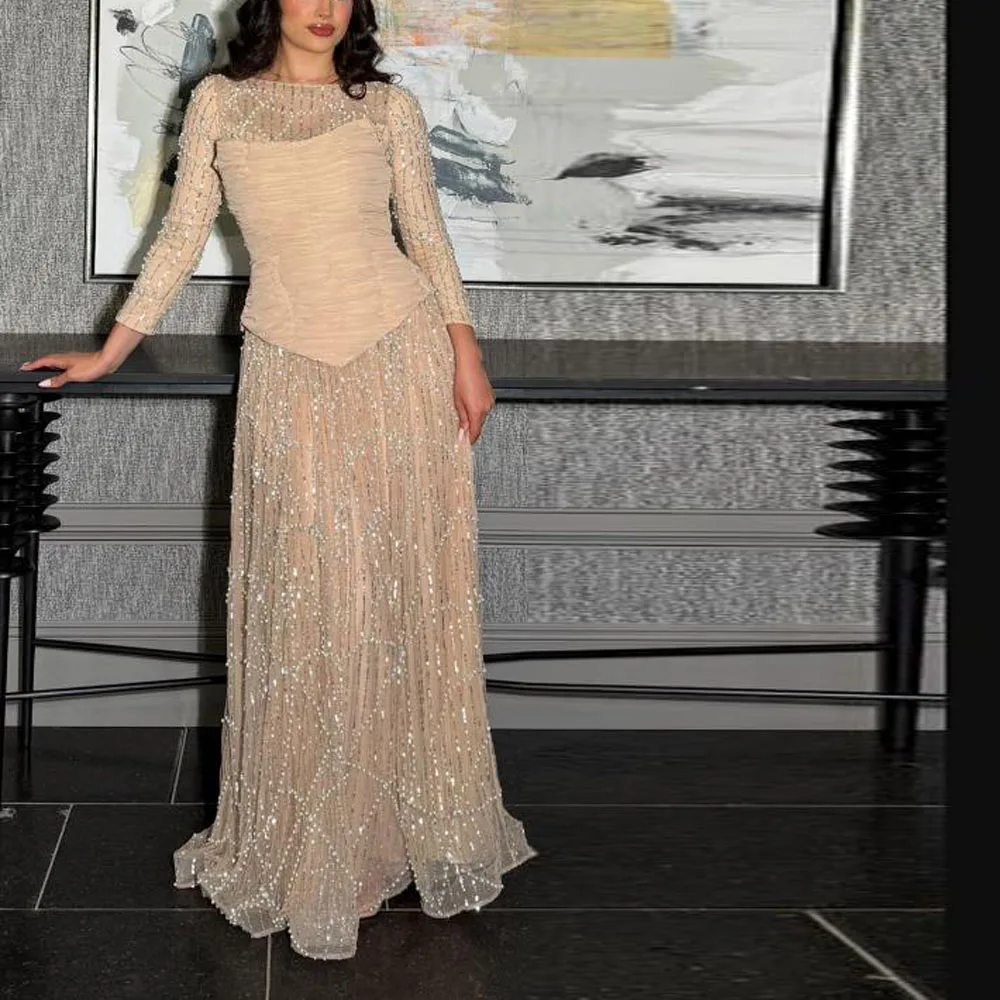 

Customized Luxury Sequined Evening Dresses Champagne Muslim Formal Gown with Full Sleeve Beaded Pleated Islamic Dress