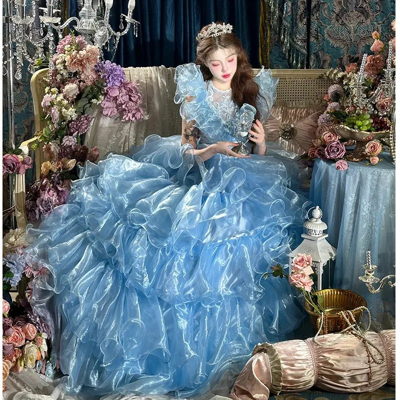 Милое синее свадебное платье Лолиты в стиле Лолиты, платья принцессы для дня рождения, женское шикарное платье с бантом из бисера и рюшами по краям, большое распашное платье для торта