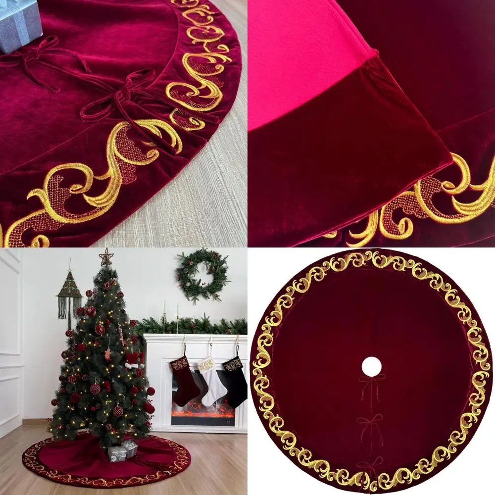

Burgundy Velvet Christmas Tree Skirt with Golden Embroidery and Lace Ties
