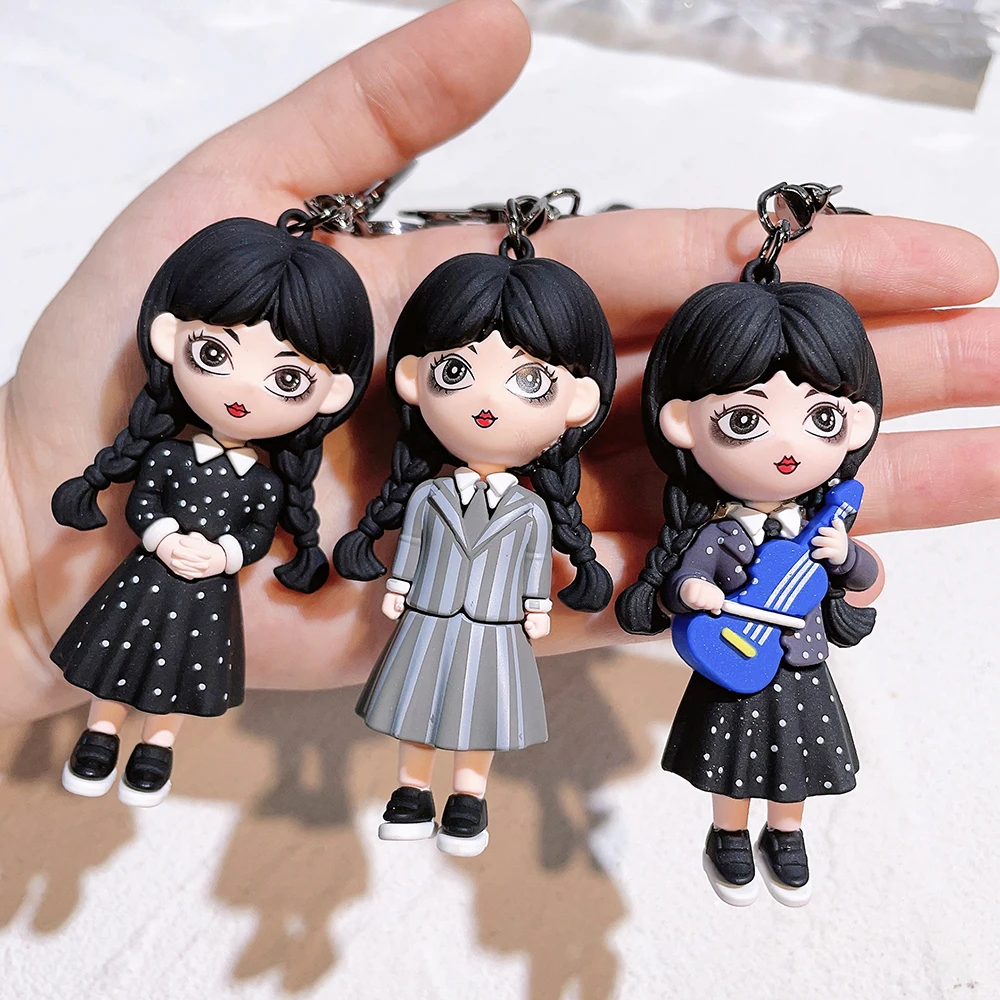 Horror Wednesday Addams Silicone Keychain Toy Thing Hand Home Decor Keychain Doll Schoolbag Pendant Halloween Toy Costume Props