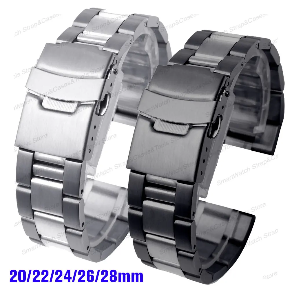 Solid Stainless Steel Strap Double Safety Fold Clasp Watch Band Diving Metal Oyster Bracelet 20 22 24 26 28mm Watch Accessories