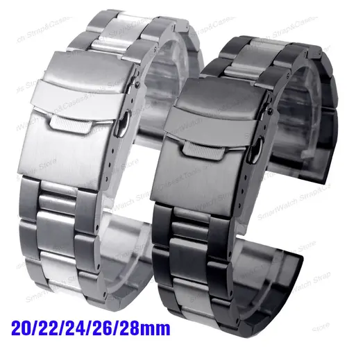 Imagen 1 del producto Correa de acero inoxidable sólido, doble cierre plegable de seguridad, correa de reloj, pulsera de ostra de Metal para buceo, 20, 22, 24, 26, 28mm, accesorios para reloj