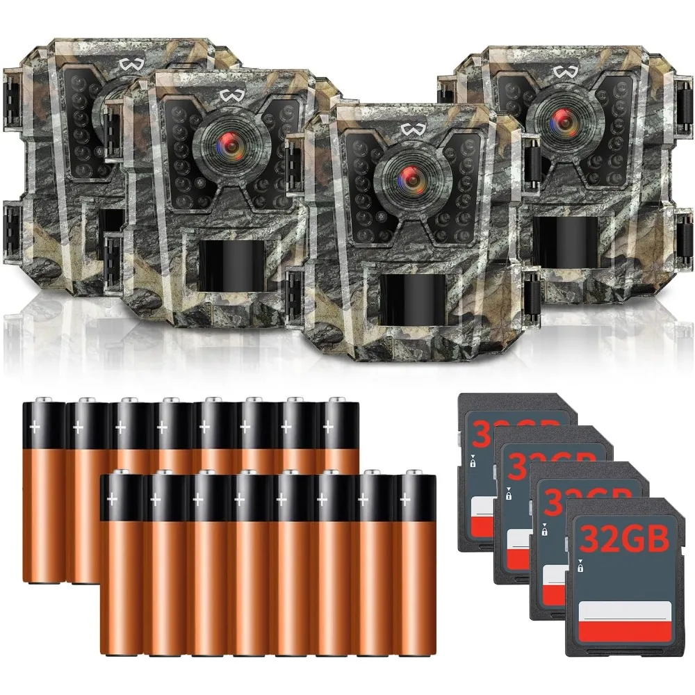 Mini Trail Camera 4 Pack 24MP 1080P HD, Game Camera with SD Card, Waterproof Tiny Hunting Camera Night Vision Motion Activated