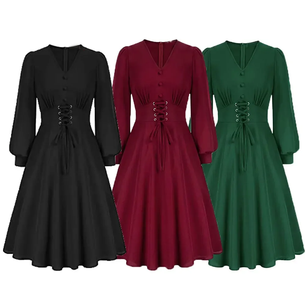 V-Neck Button Front High Waist Long Bishop Sleeve Women Elegant Autumn Clothes Green Solid Vintage Ladies Swing Dresses