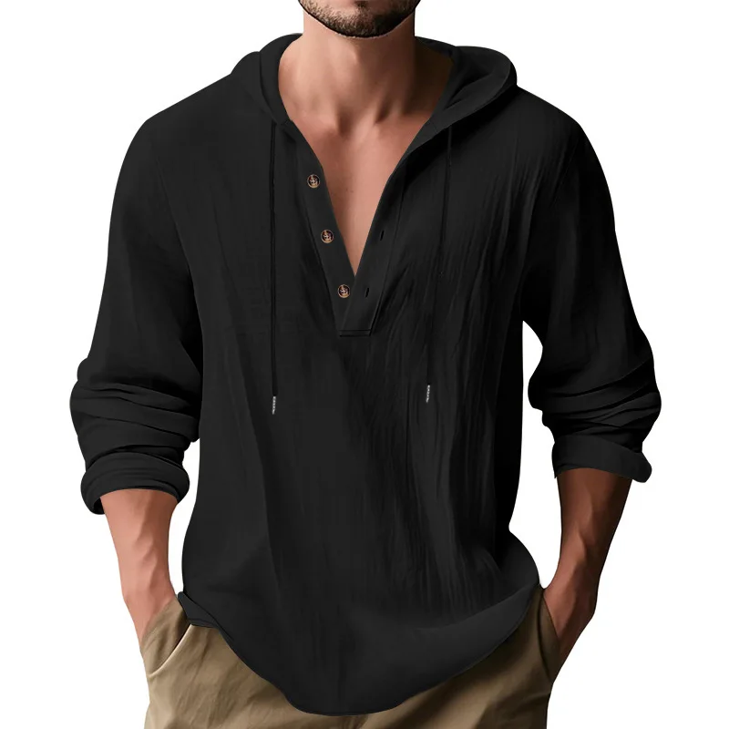 Hot Selling Men's Loose Linen Breathable Hooded Solid Color Long Sleeve Sweatshirts Breathable Beach Undershirts Male Clothes