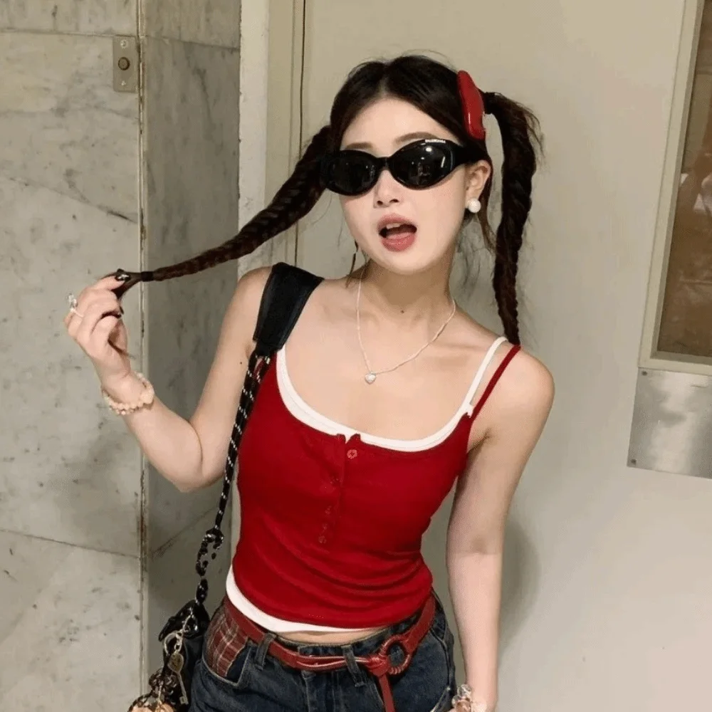 Color Blocking Crop Top Square Neck Slim Fit Sling Vest Top Button Underwear Sleeveless Fake Two-pieces Camisole Student