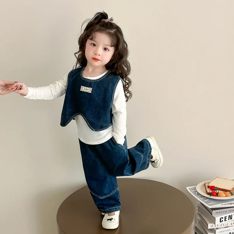 

Baby Girl Outfit Spring Fashionable Stylish Little Girl Long Sleeve Clothes Toddler Denim Vest Three-Piece Set Trendy