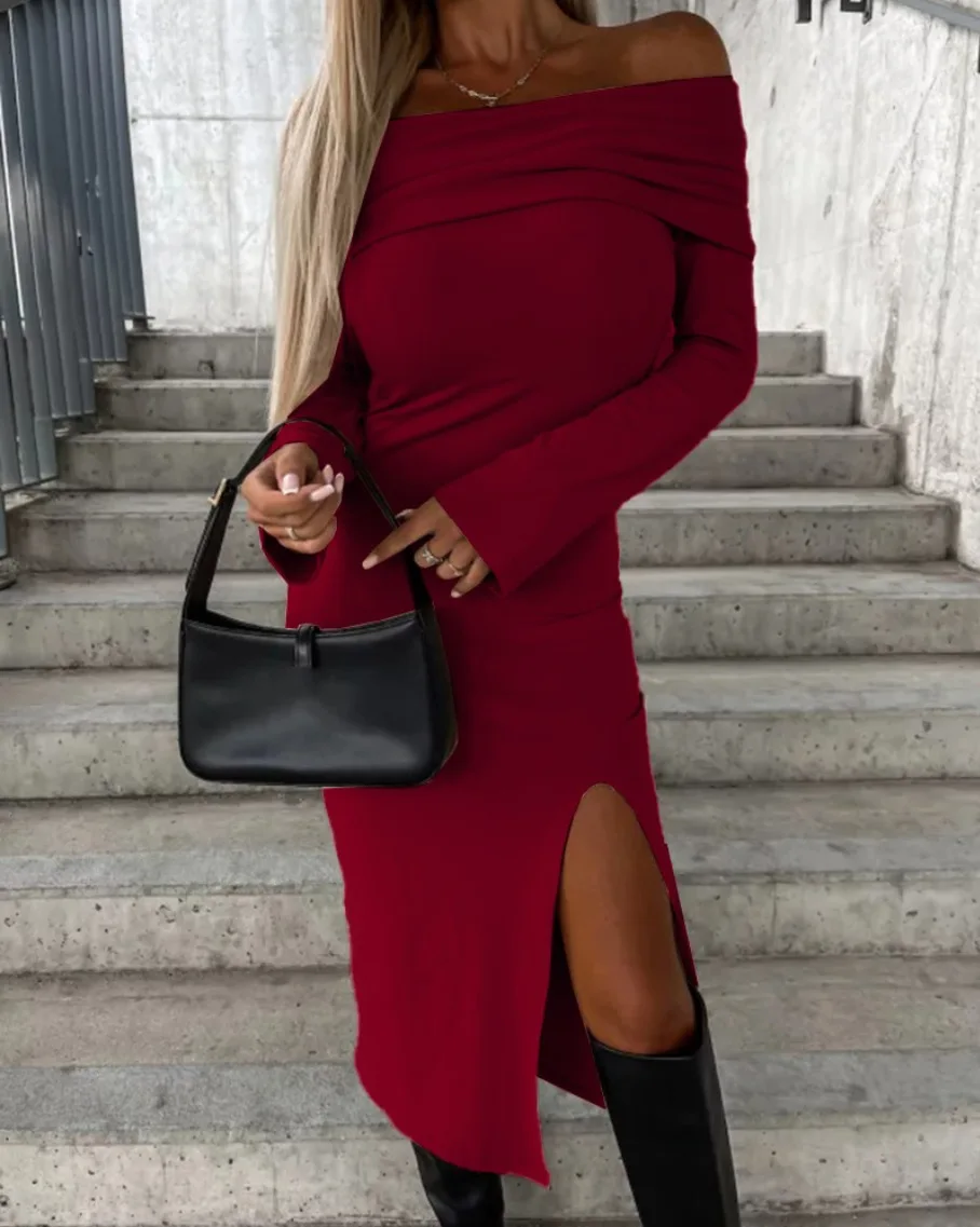 

New Women's Fashion Elegant Temperament Commuting Autumn and Winter Long Sleeve Solid One Line Neck Split Mid length Dress