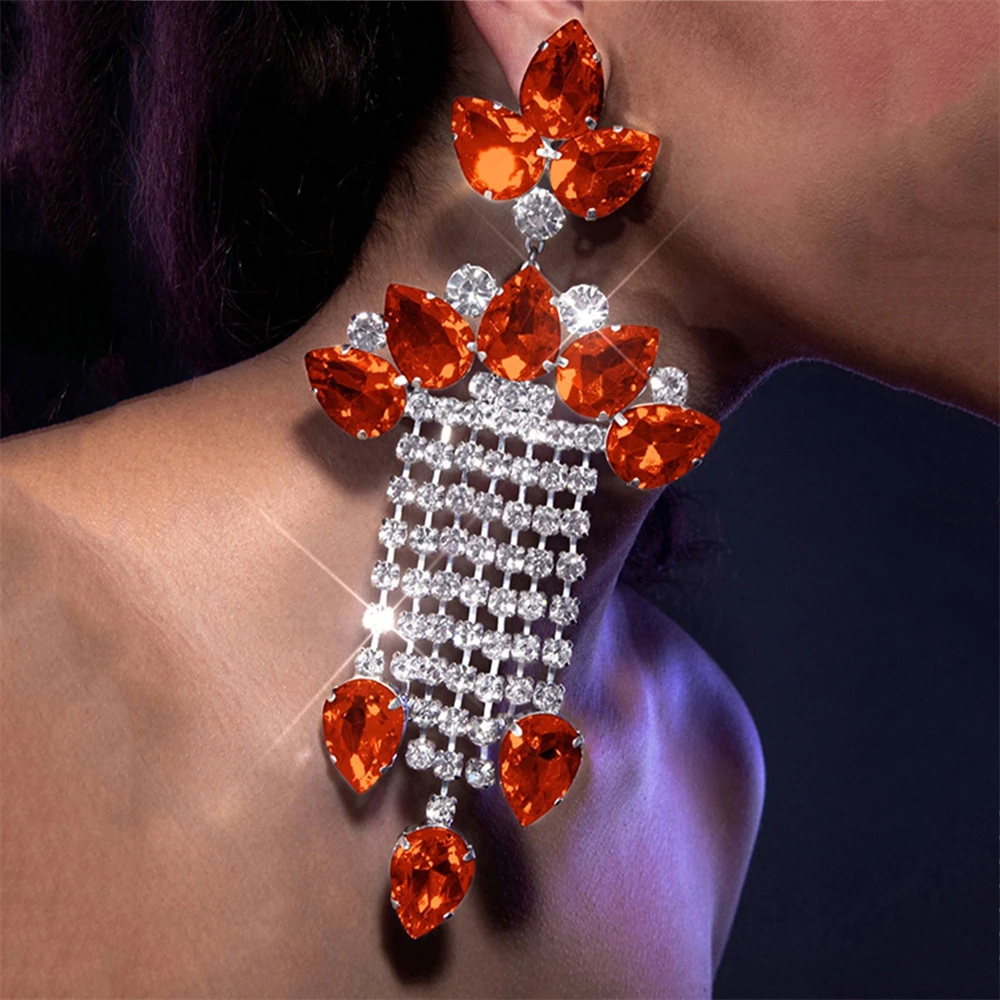 Sexy S Shiny Orange Large Crystal Long Tassel Rhinestone Earrings Exquisite Luxury Party Earrings Shiny Rhinestone Earrings