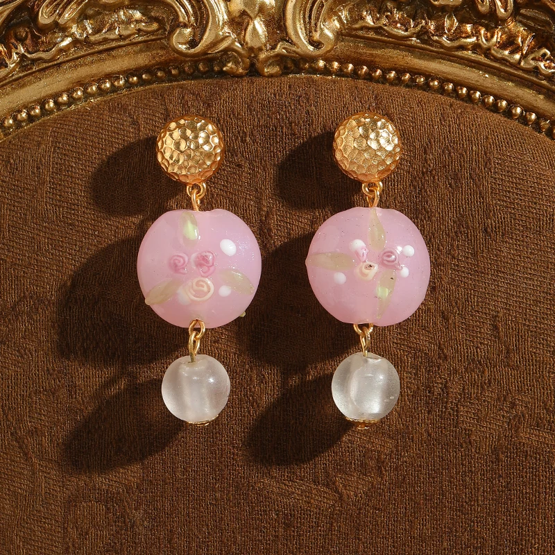 Vintage Pink Flower Glass Drop Earrings Bead Pendant Gold Color Woman Trend 2025 Valentine Day Gift Luxury Quality Jewelry New