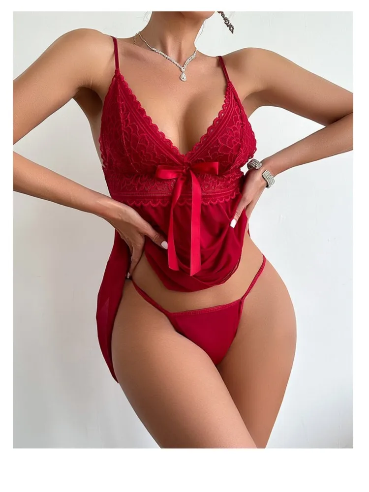 ナイトガウン女性ディープ V ネックレースミニドレス夏 2025 新しいセクシーなメッシュ視点背中の開いたサスペンダー寝間着レディース衣装