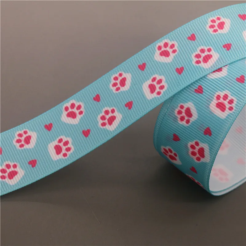 DHK 7/8'' 5yards Cat Dog Paw Printed Grosgrain Ribbon Accessories Material Headwear Decoration DIY Sewing Craft E2035