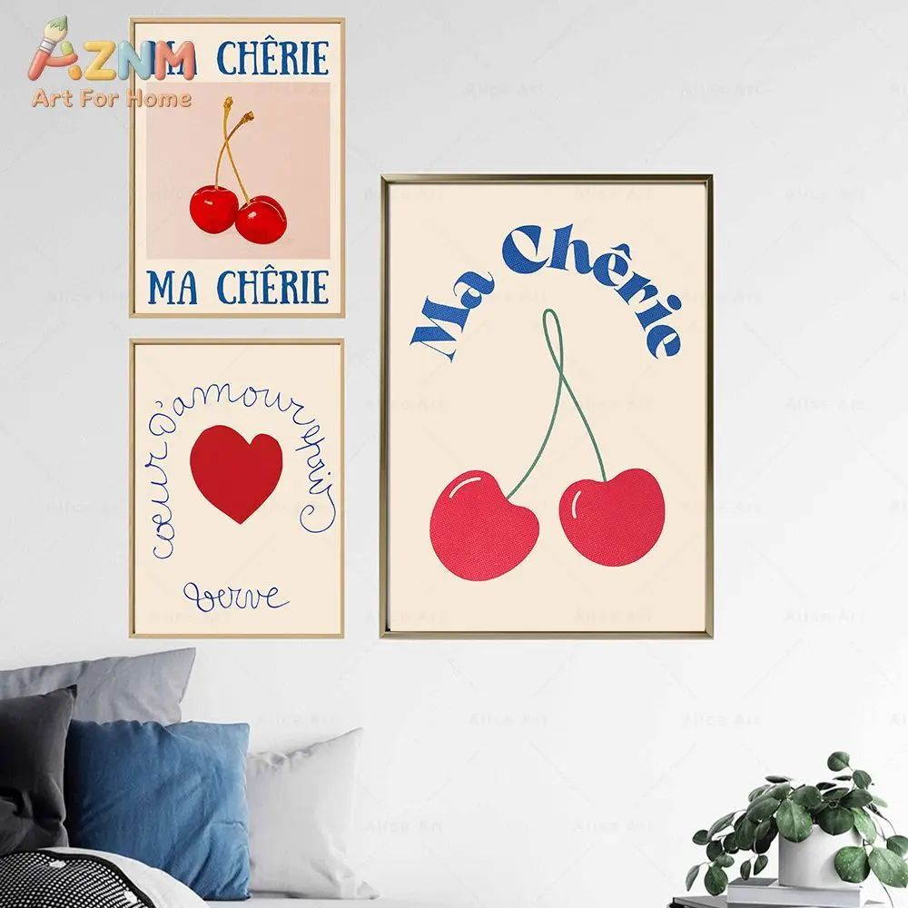 AZNM Retro French Style Canvas Wall Art Cherry Red Heart Ma Cherie Text Print Frameless Canvas Painting Living Room Bedroom Home