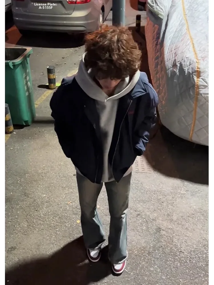 

American Retro Blue Straight Leg Men's Jeans High Waist Spring Advanced Cleanfit Waed Micro Flared Pants Cotton Polyester B...