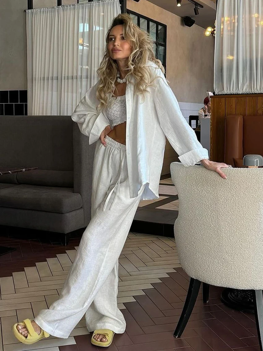 Marthaqiqi Winter Women Nightwear Suit Long Sleeve Nightgown Turn-Down Collar Sleepwear Wide Leg Pants Ladies Pajama 2 Piece Set