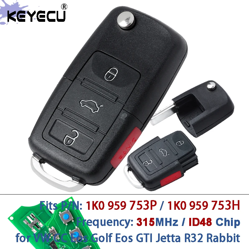 

KEYECU 1K0 959 753P/1K0 959 753H 315 МГц ID48 Чип-откидной дистанционный брелок для Volkswagen CC Eos Golf Eos GTI Jetta R32 Rabbit