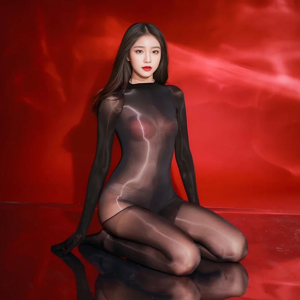 Women Sexy Lingerie Jumpsuit Super Elastic Full Body Stockings Bodysuit Oily Shiny Glossy Sheer Bodystocking See-Through Bodycon