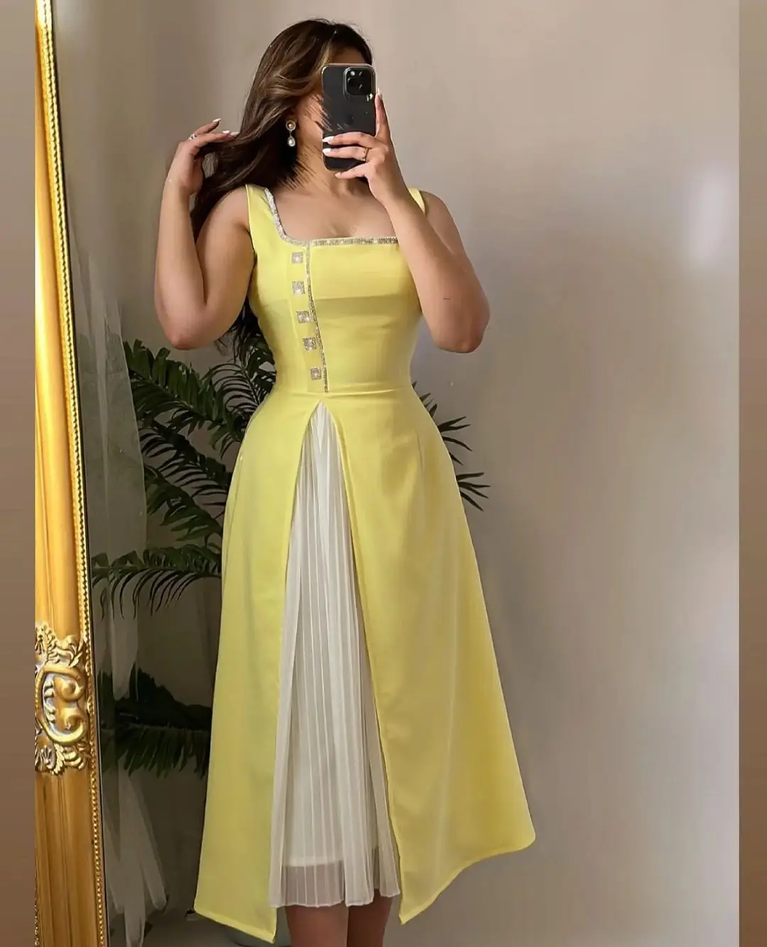 

Vinatge Yellow Chiffon Prom Dresses Square Neck Ankle Length Pleated Beadings Party Dresses Temperament Evening Dresses