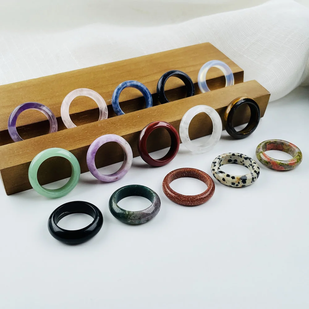 Multicolor Natural Gem Stone Rings for Women Men Round Circle Opal Obsdiian Pink Purple Crystal Stone Finger Rings Party Gift