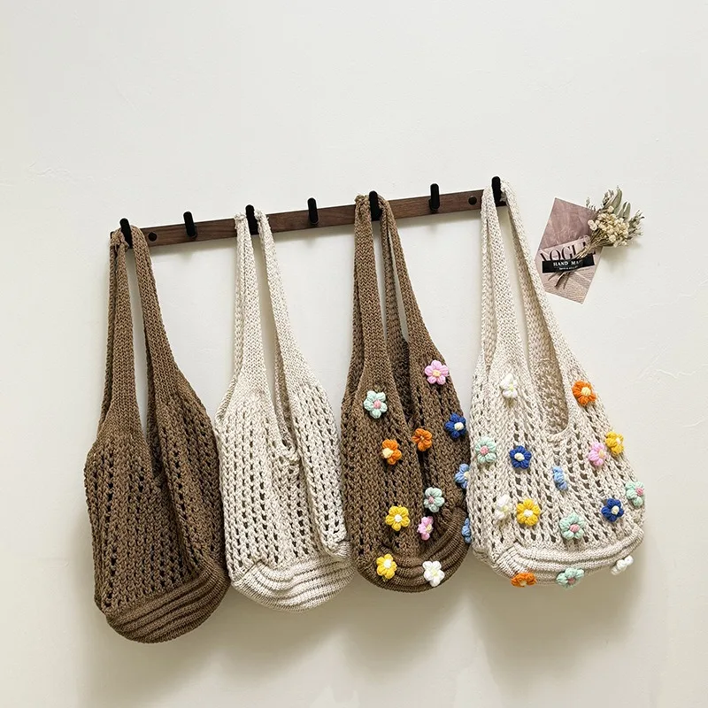 

Fashion Hollow Knit Portable Tote Bag Girls Summer New Sweet Flower Shoulder Bag Vacation Casual Handbag Women