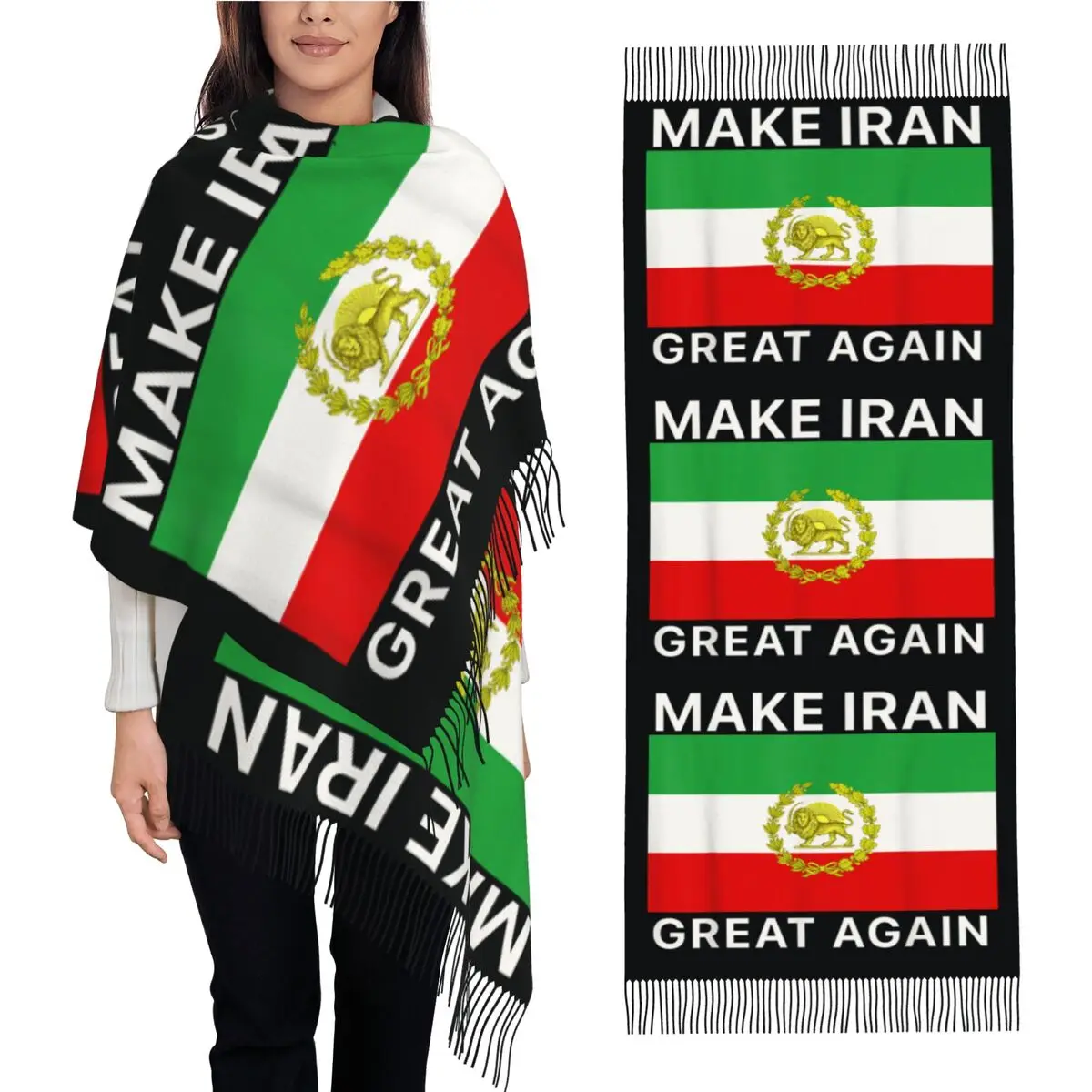 

Шарф-платок с изображением льва и картой Ирана «Make Iran Great Again» с длинными кисточками, уличная накидка, женские графические головные платки, зимняя ретро-бандана