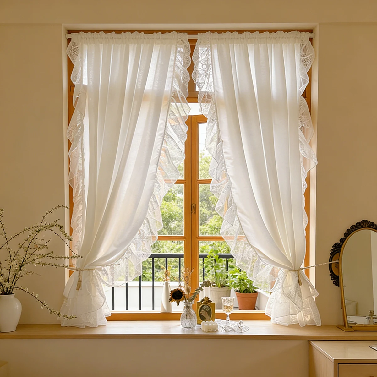 1Pc,French Rococo Style White Thicker Opaque Sheer Curtain with Floral Ruffled Tirm,Curtain For Small Windows,Kitchen,Room Decor