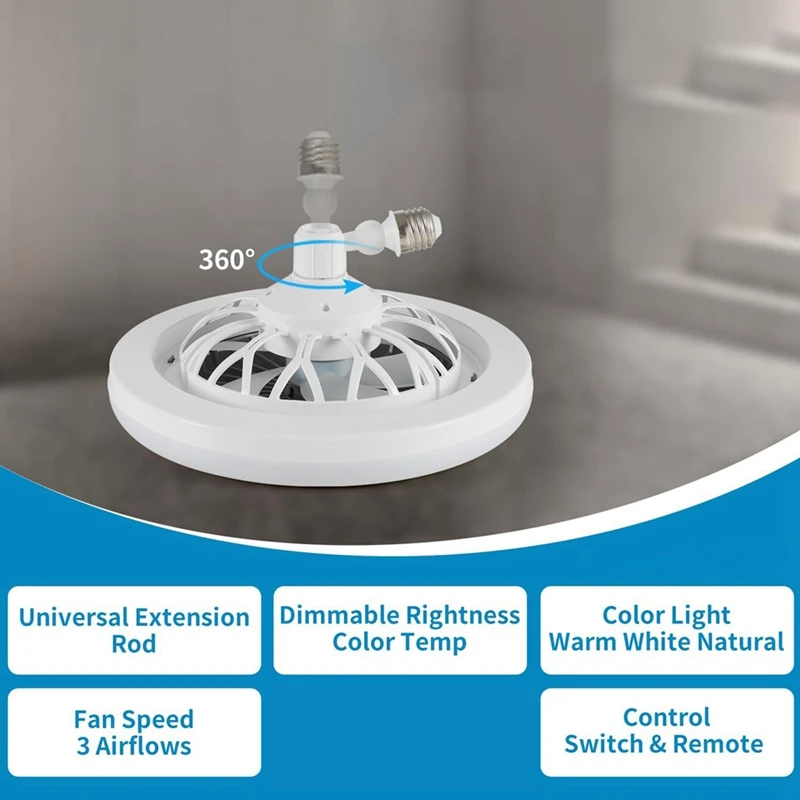ABGR-Ventilador de soquete de luz multidirecional com controle remoto 10 polegadas, ventilador de teto aparafusado no soquete de luz para aprimorado e ajustável