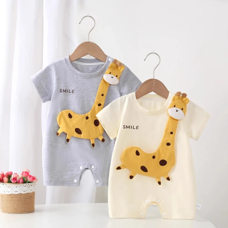 Infant Summer Short-sleeve Skin-friendly Romper for Boys & Girls Cute Cartoon 3D Giraffe Jumpsuit Breathable Crawling Clothes