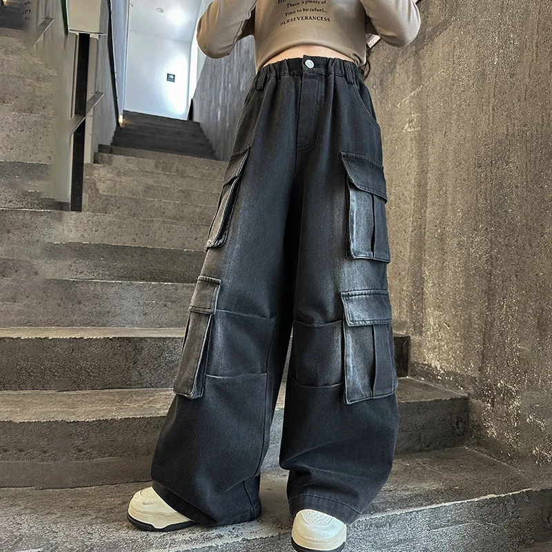 

2025 Autumn Korean Teenager Girls Denim Pant Retro Pocket Junior Girls Cargo Pant Elastic Waist Loose Children Girls Trousers