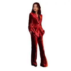 VEIAI Women's suit red Velvet Pantsuits Formal suit 2 piece Office set Blazer ladies Suits Flare pants trouser Custom Made