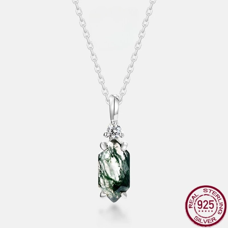 

New S925 pure silver geometric natural water grass agate inlaid with green moss stone necklace, fashionable wedding jewelry
