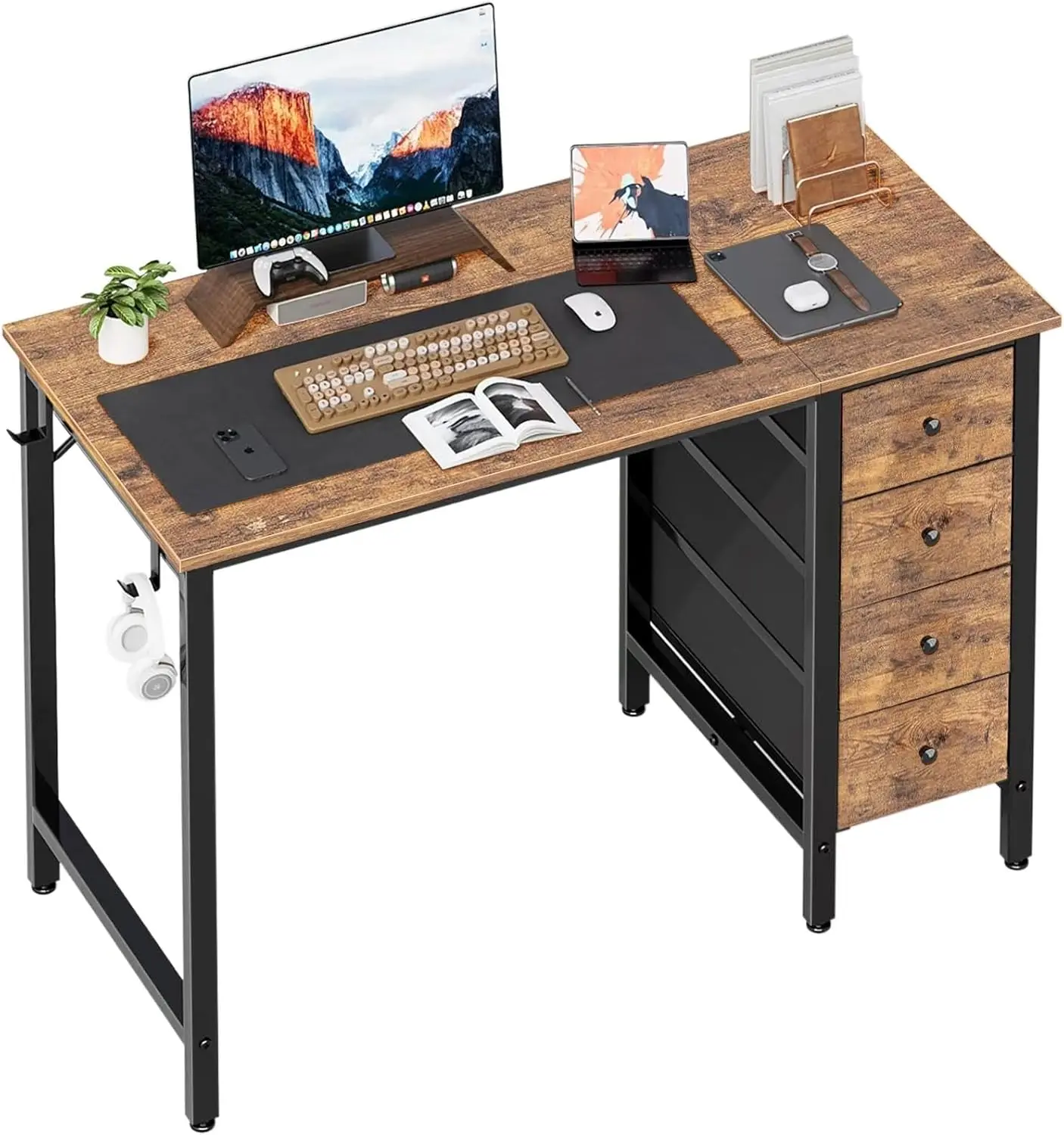 Computer Desk Rustic Brown Wood 47 inch Reversible, with Drawers All Seasons Brown