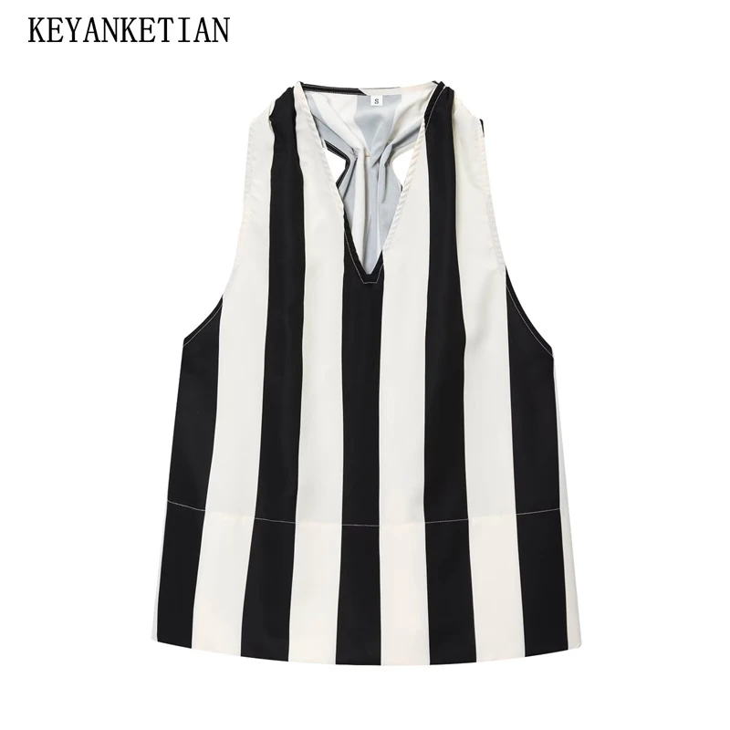 

KEYANKETIAN 2025 Summer New Women's Metal buckle decoration Striped Vest Street style V-Neck Sleeveless Loose A Line Camisole