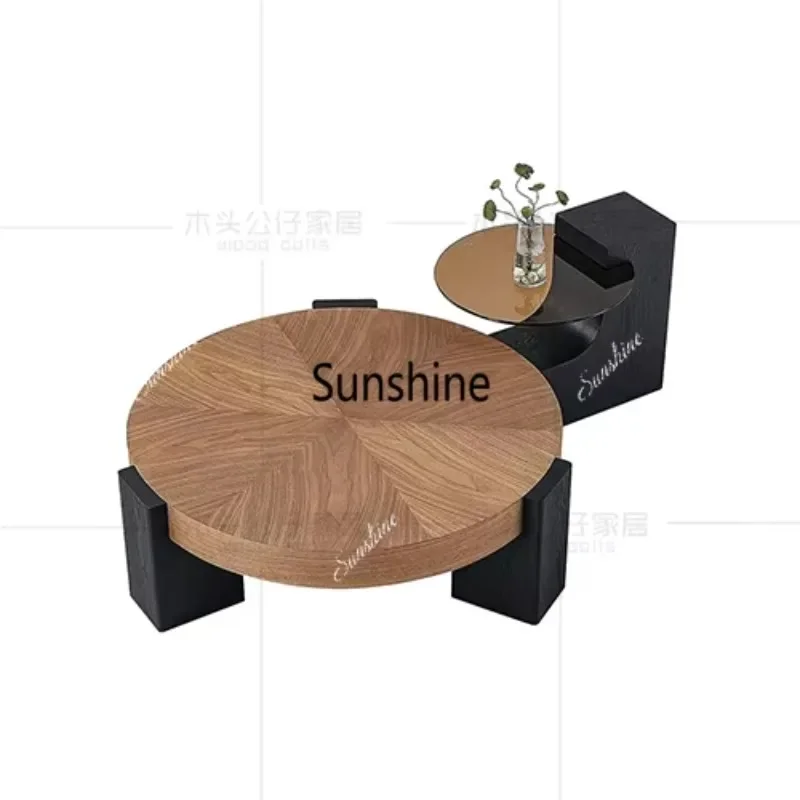 Light luxury solid wood sticker craft coffee table veneer smoked round square combination T*