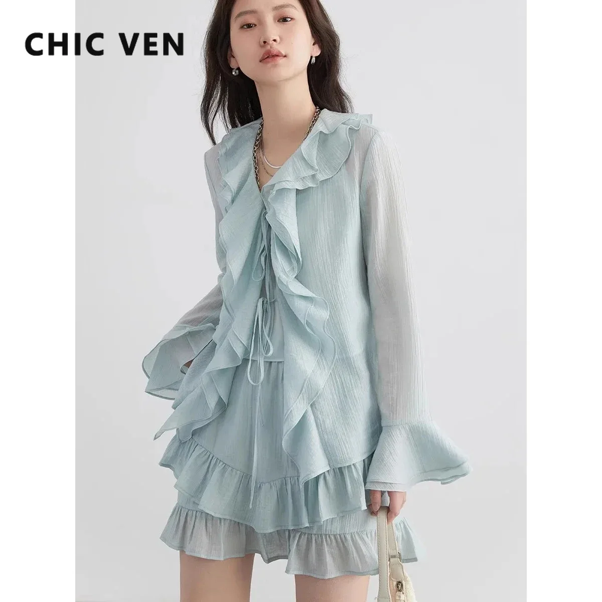 CHIC VEN Women Short Skirt Loose Casual New Lace Up Shirt Female Tops Slim Fit Hanging Strap Elastic Waist Skirt Set Summer 2024